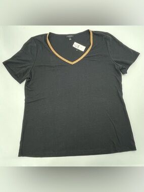 Talbots Black V-Neck Short Sleeve Top with Gold Trim Accent